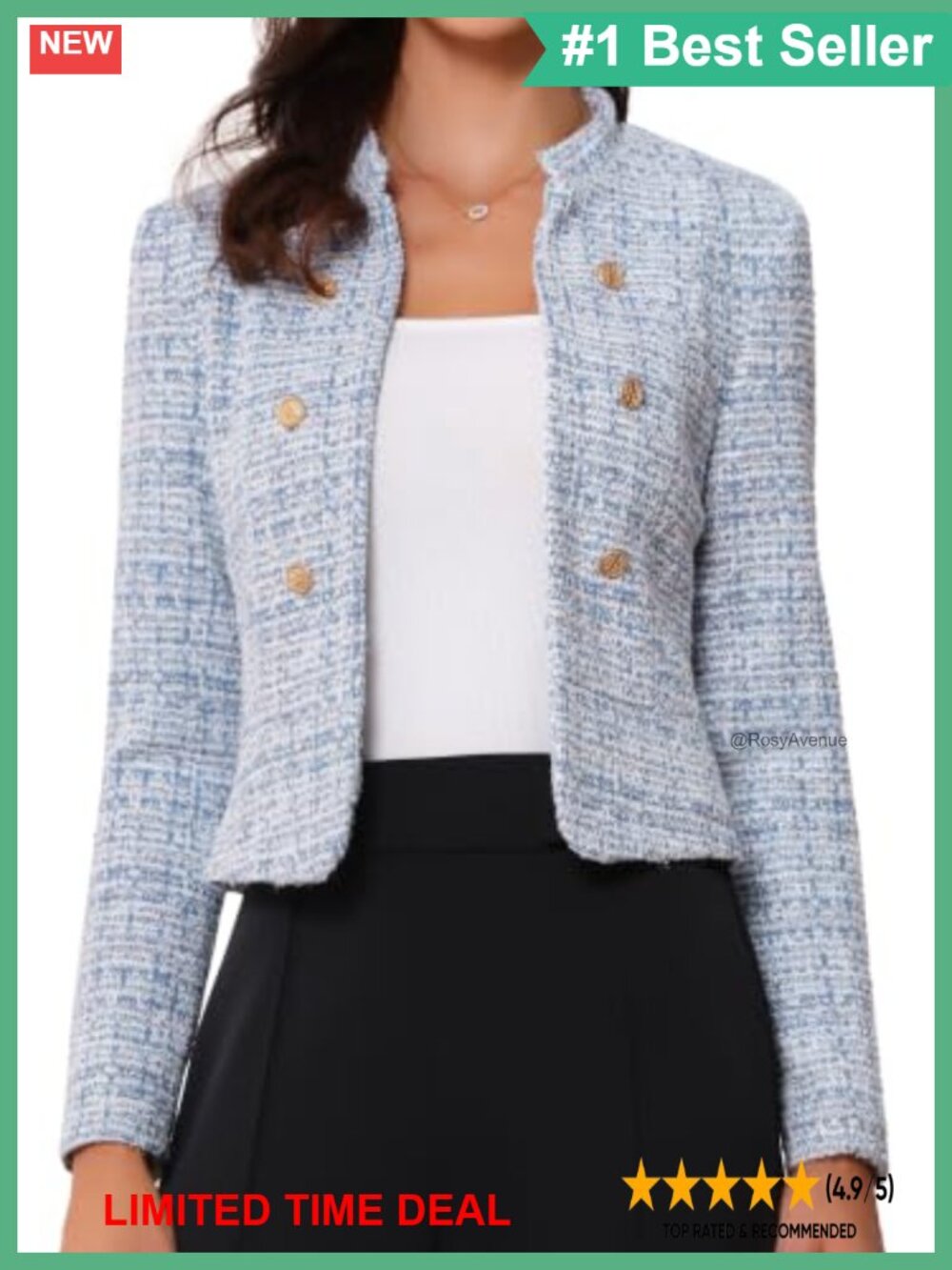 Vintage Tweed Cropped Blazer Stand Collar Long Sleeve Business Casual
